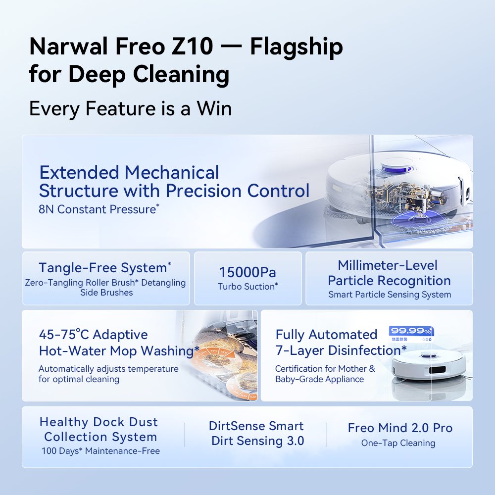 【New】【Order now just $1399!】Narwal Freo Z10 Floor robot vacuum cleaner mop | Dual Tangle-free System | 15000PA | MopExtend and EdgeSwing