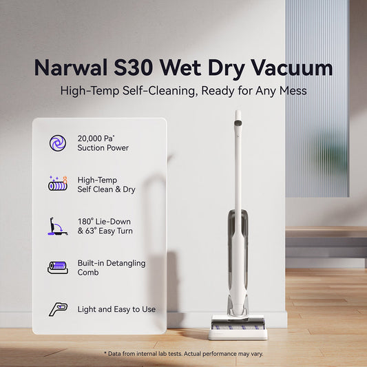 Narwal S30 cordless Wet and Dry Vacuum Cleaner handheld electric mop Effortless Maneuver | Tangle-Free | Auto Solution Dispensing | 20000Pa strong suction | 180° Flat | 55min Run Time | Self Cleaning&dry